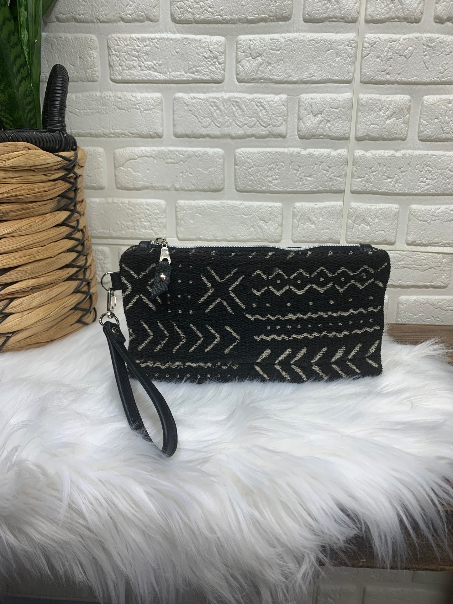 Mali Mud cloth and black Leather clutch wristlet
