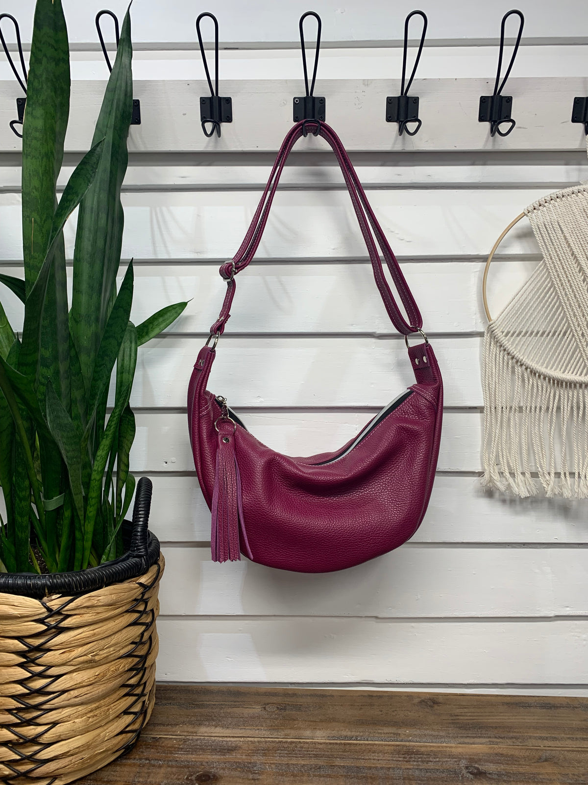 Half moon crossbody hobo bag Berry Italian leather