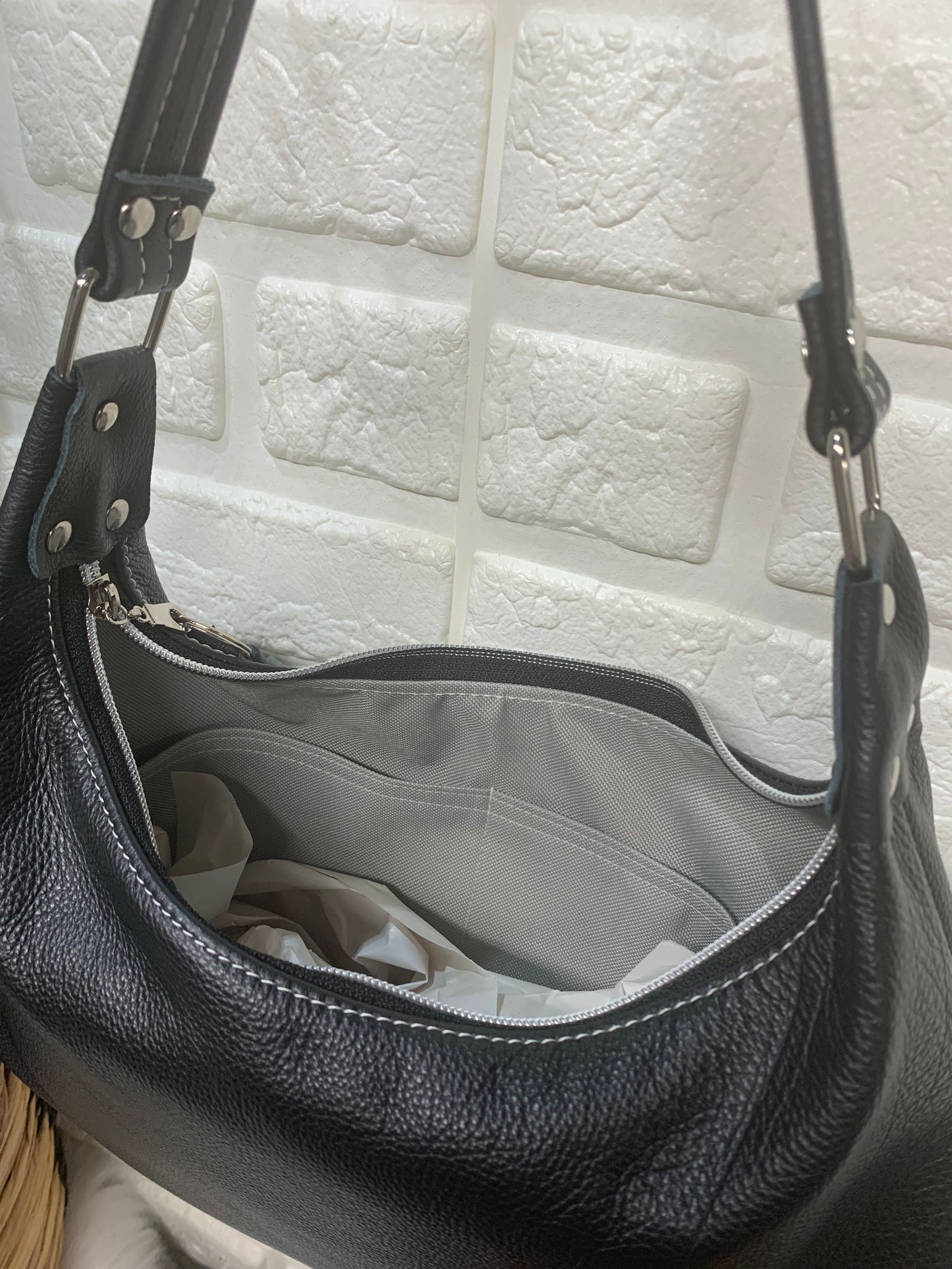 Small hobo bag Black Italian leather, shoulder strap