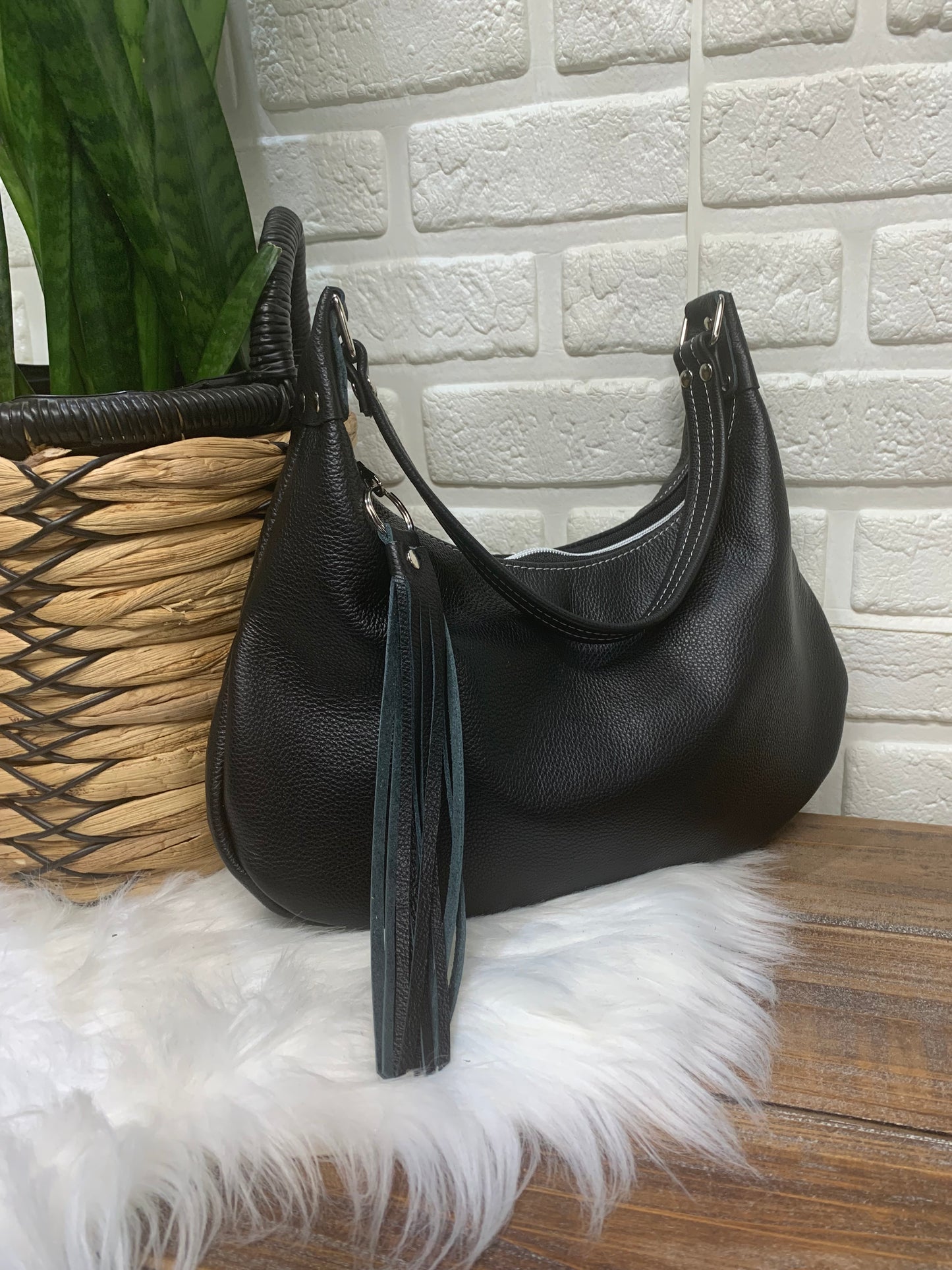 Small hobo bag Black Italian leather, shoulder strap