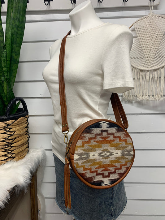 Moonstone crossbody bag, Mesilla wool, spice brown leather, Canteen bag