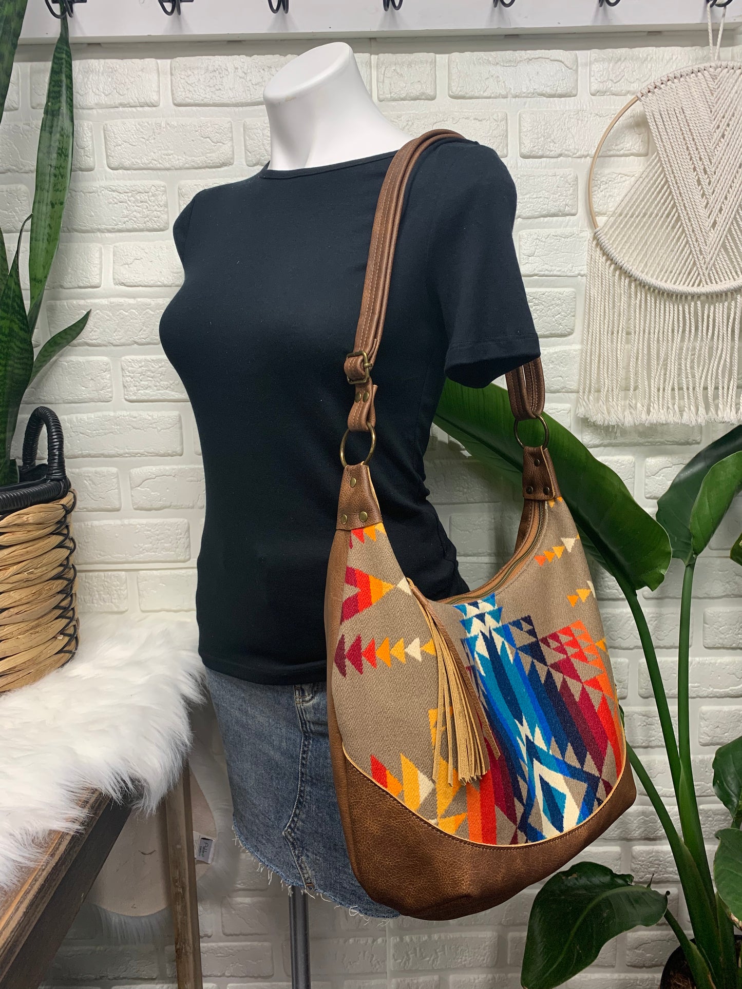 Wool and leather hobo bag, Pilot Rock wool fabric, brown genuine leather, hobo bag, wool crossbody bag
