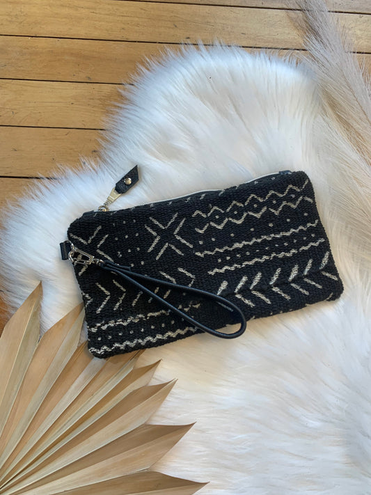 Mali Mud cloth and black Leather clutch wristlet