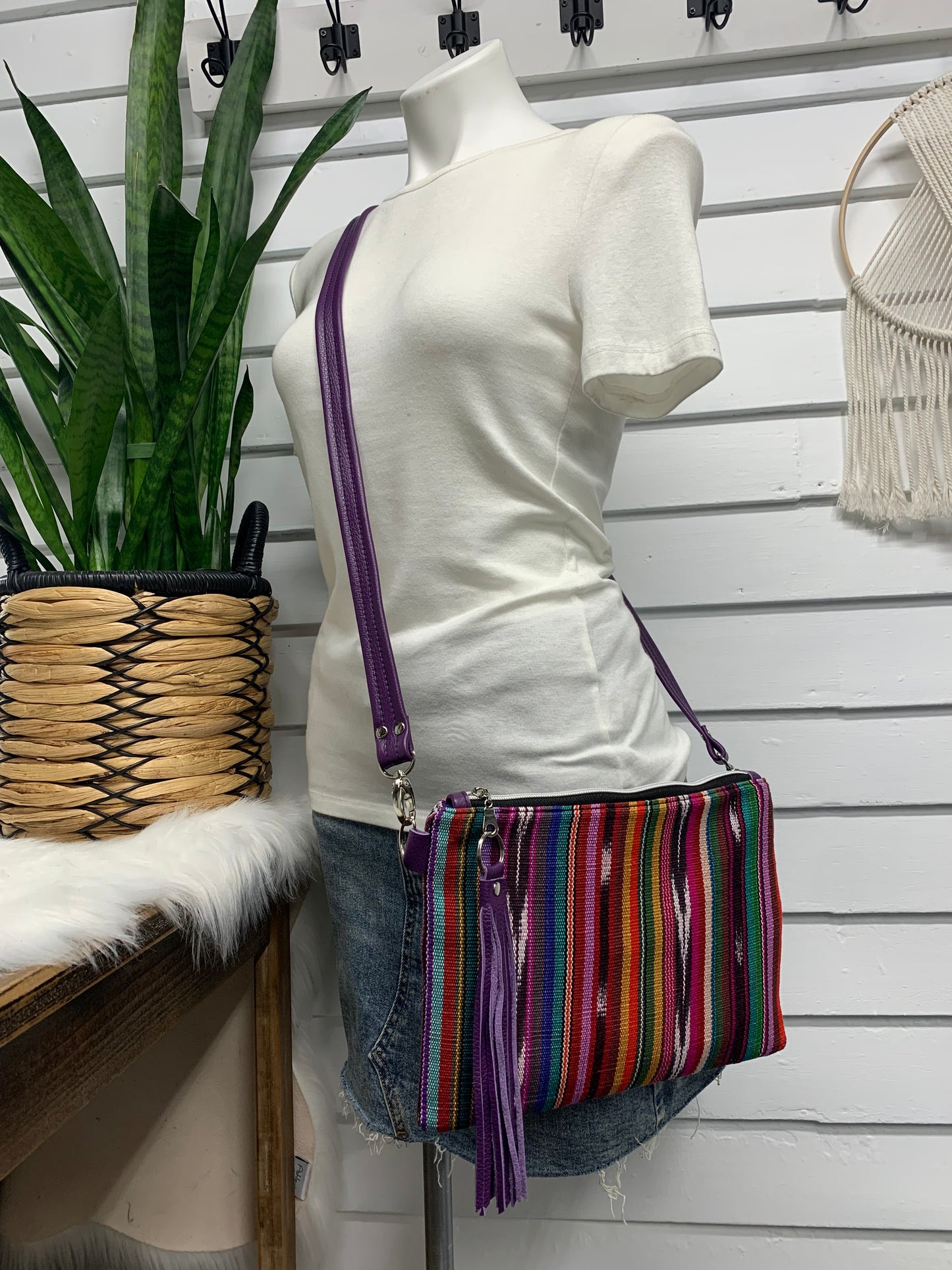 XL Clutch  Guatemalan Bright woven, purple leather, crossbody