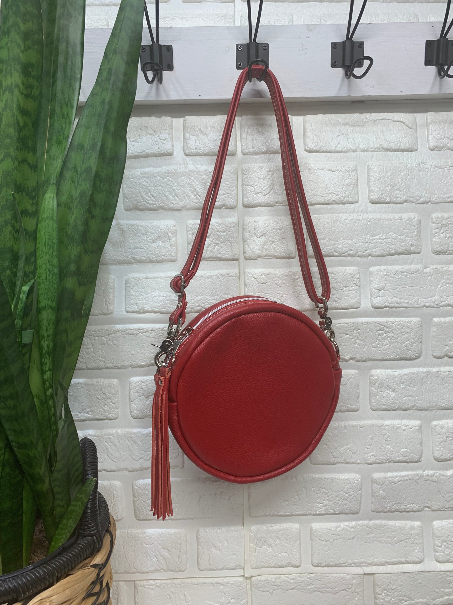 Moonstone crossbody bag, red leather, Circle bag