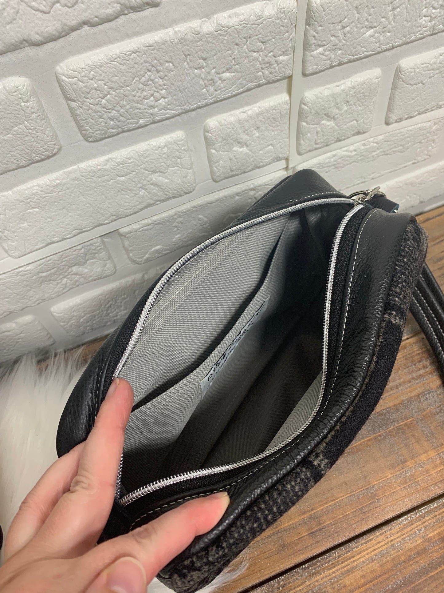 Emerald crossbody bag, Harding black wool, black leather, Camera bag
