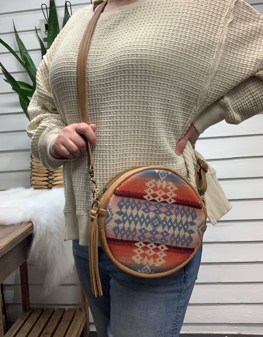 Moonstone crossbody bag, Desert sky wool, caramel brown leather, Canteen bag