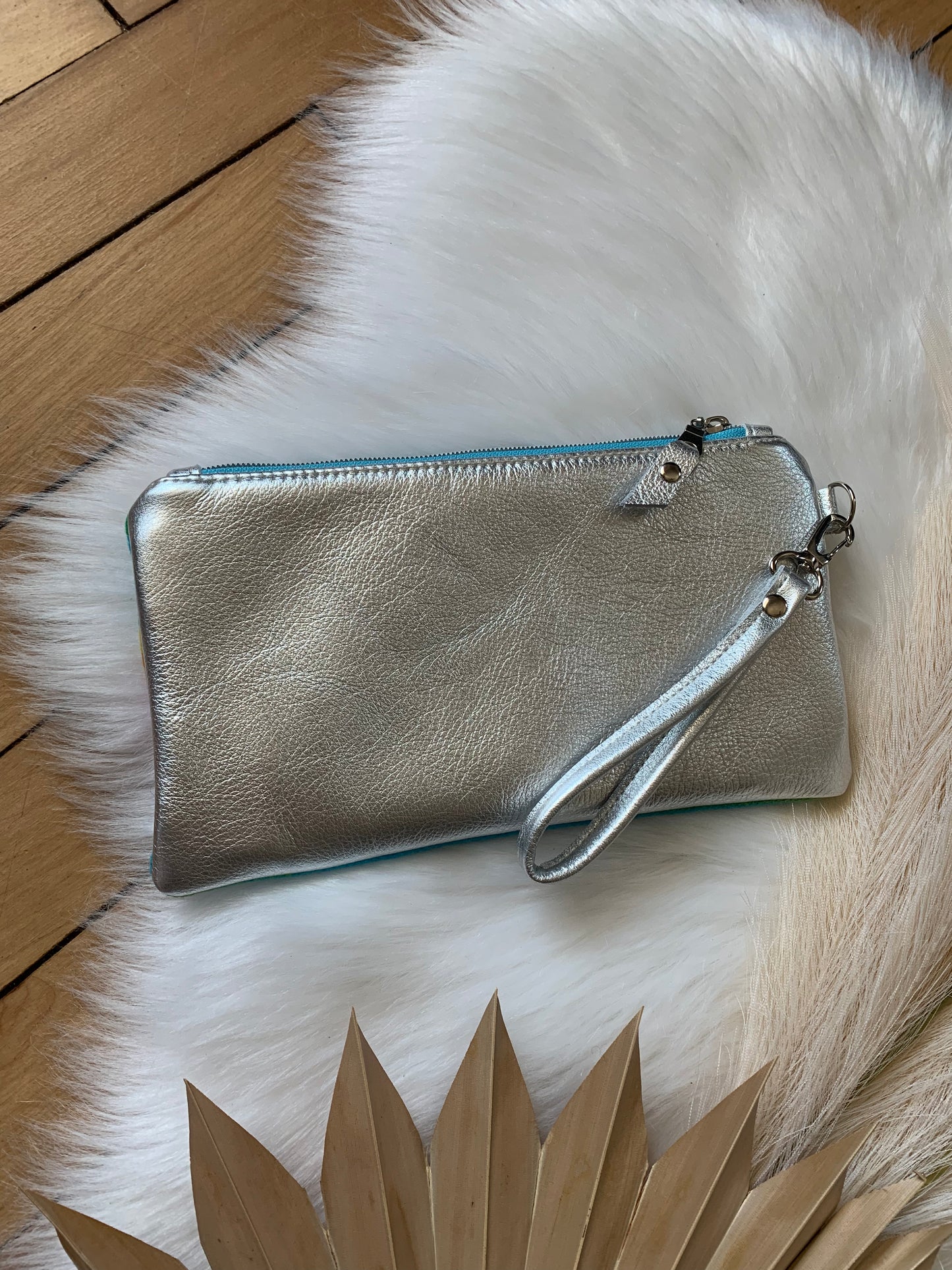 Wool and leather clutch wristlet, San Gabriel wool, Silver leather clutch wallet