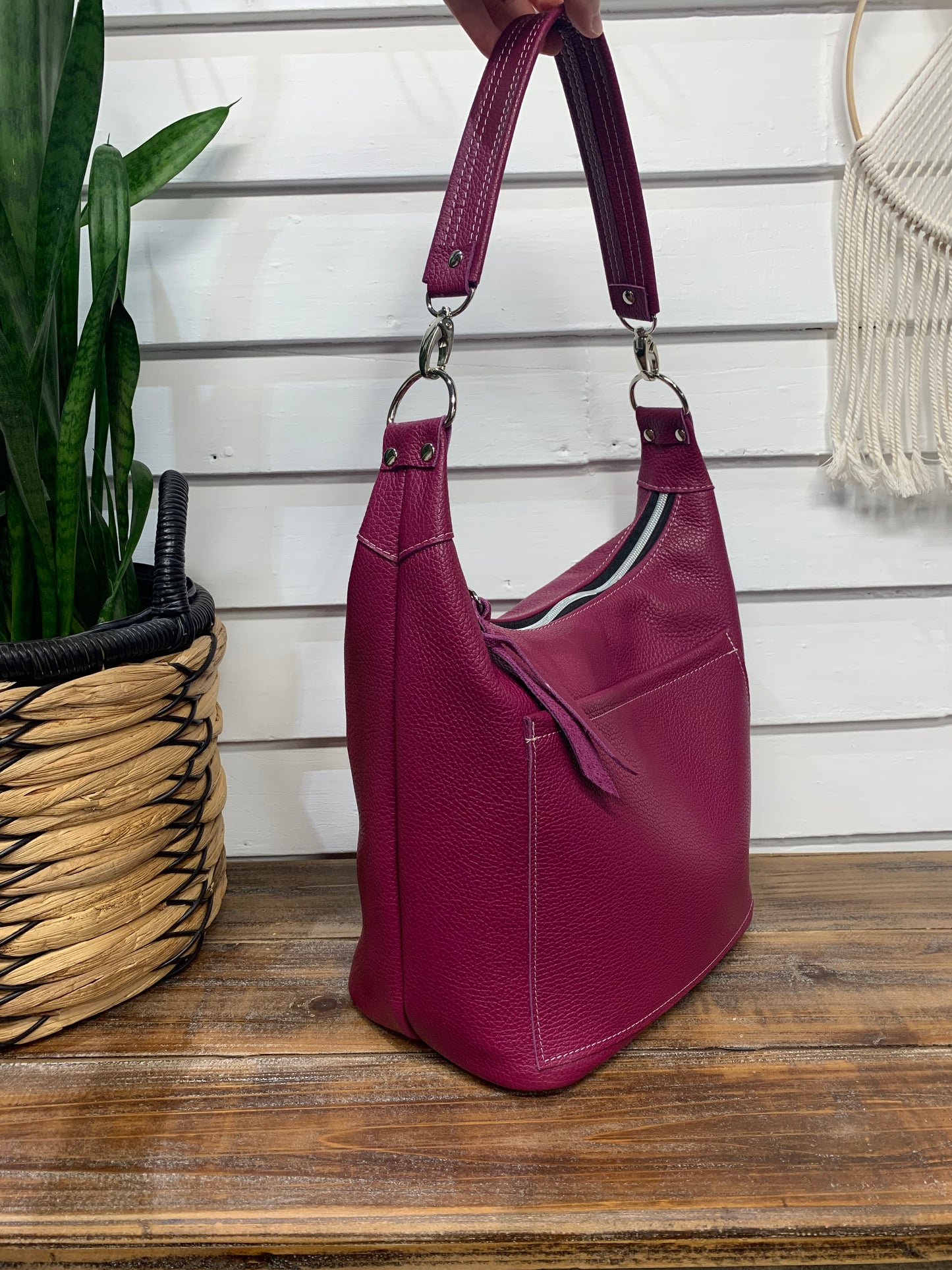 Jasper Bucket bag, Berry Italian pebble grain leather