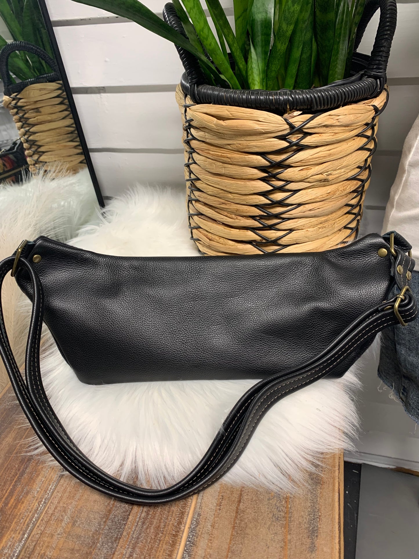 Jade Sling bag Pueblo dwelling wool and black leather crossbody