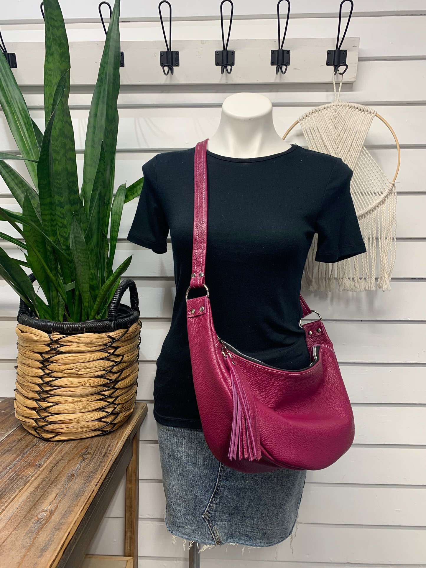 Half moon crossbody hobo bag Berry Italian leather