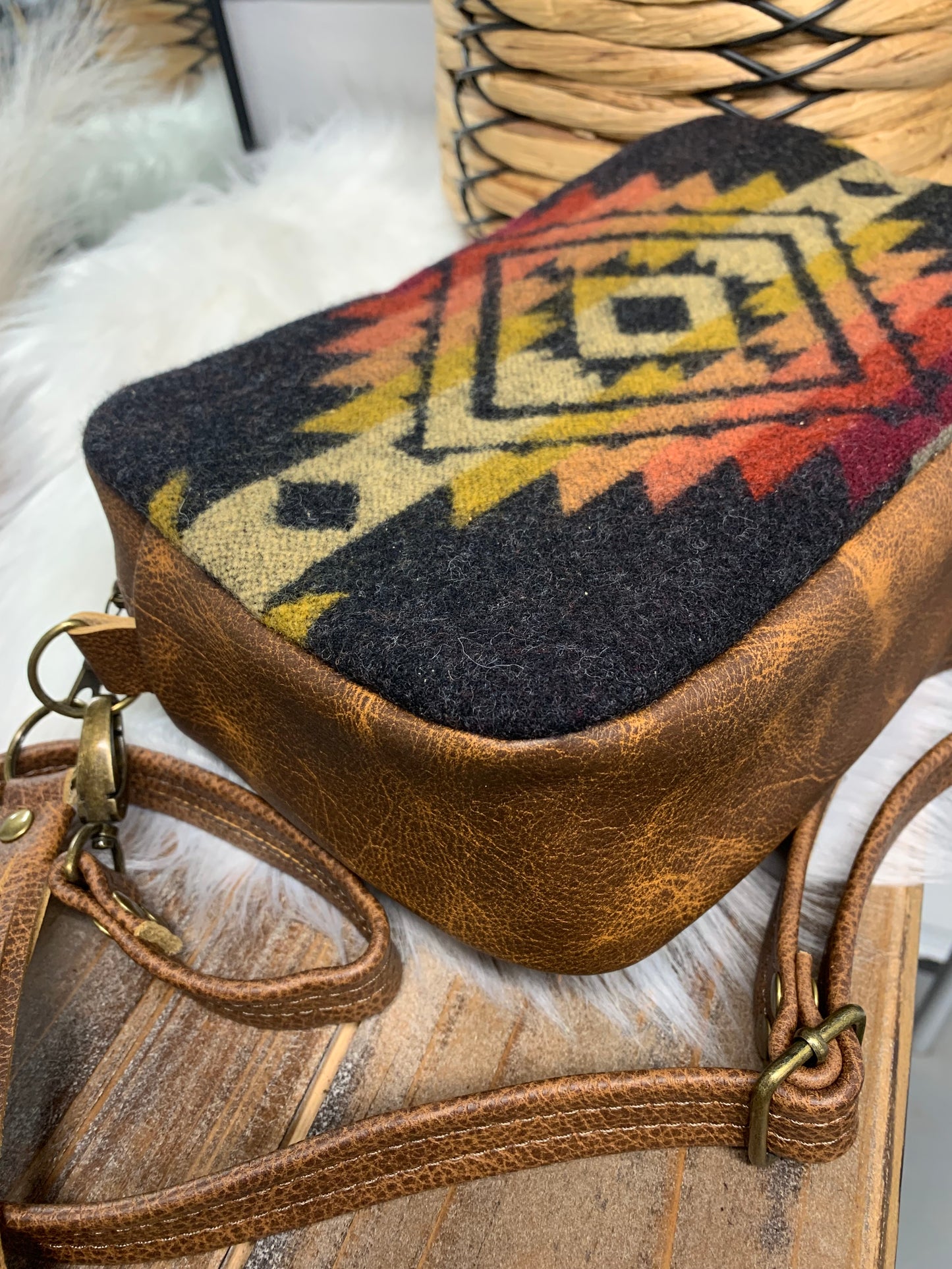 Emerald crossbody bag, Pueblo Dwelling wool, saddle brown leather