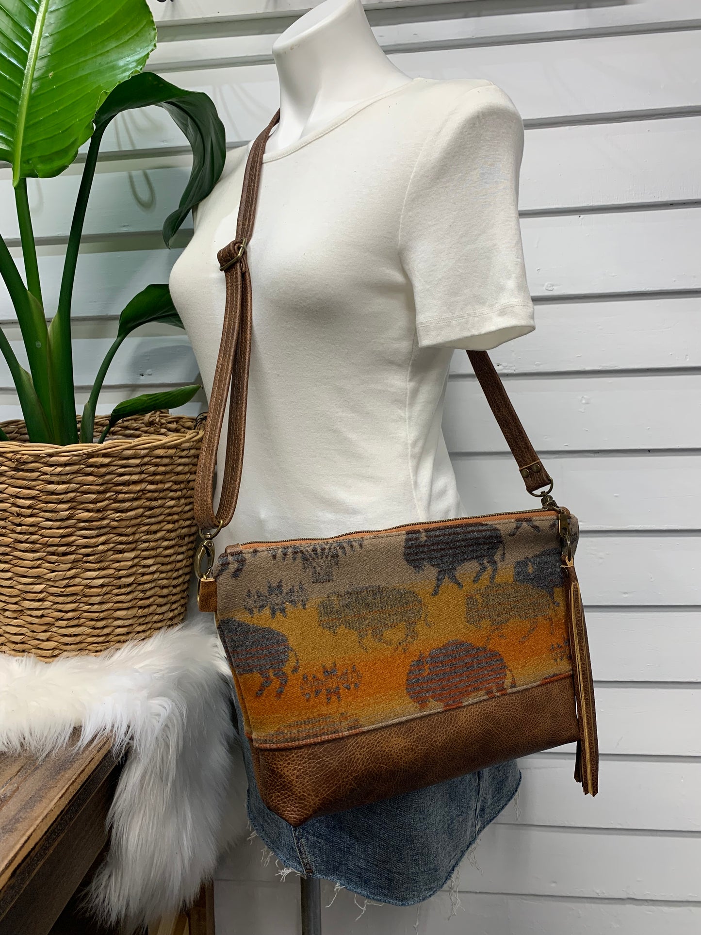 XL Ruby crossbody bag, Buffalo wool, saddle brown cowhide leather