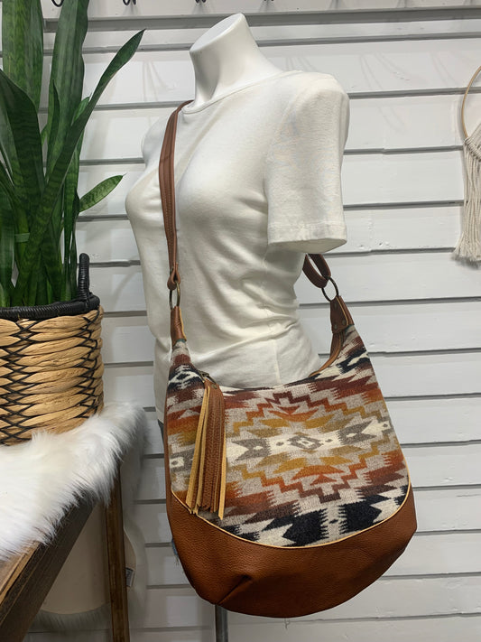 Wool and spice brown leather hobo crossbody bag, Mesilla wool