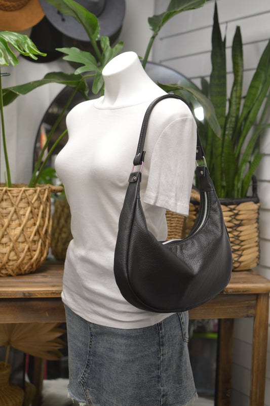 Garnet small hobo bag Black leather, shoulder strap