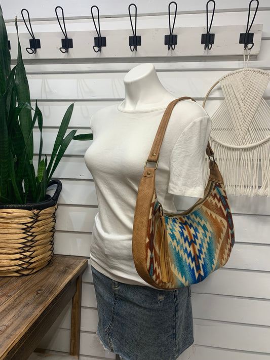 Garnet small hobo bag Pagosa Springs Wool and caramel leather, shoulder strap