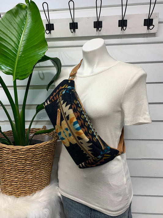 Jade Sling bag Black Rancho Arroyo wool and caramel leather crossbody