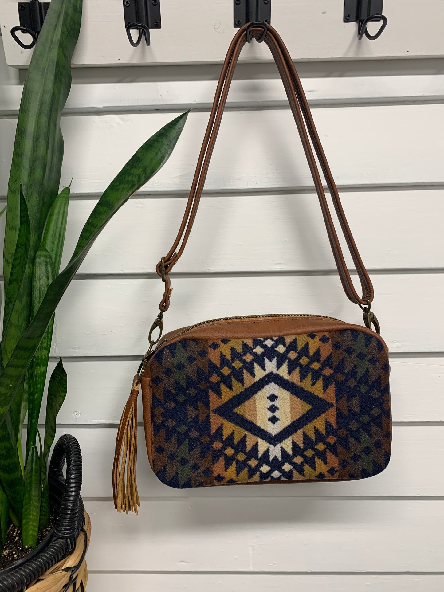 Emerald crossbody bag, Navy Trails wool, spice brown leather, square bag