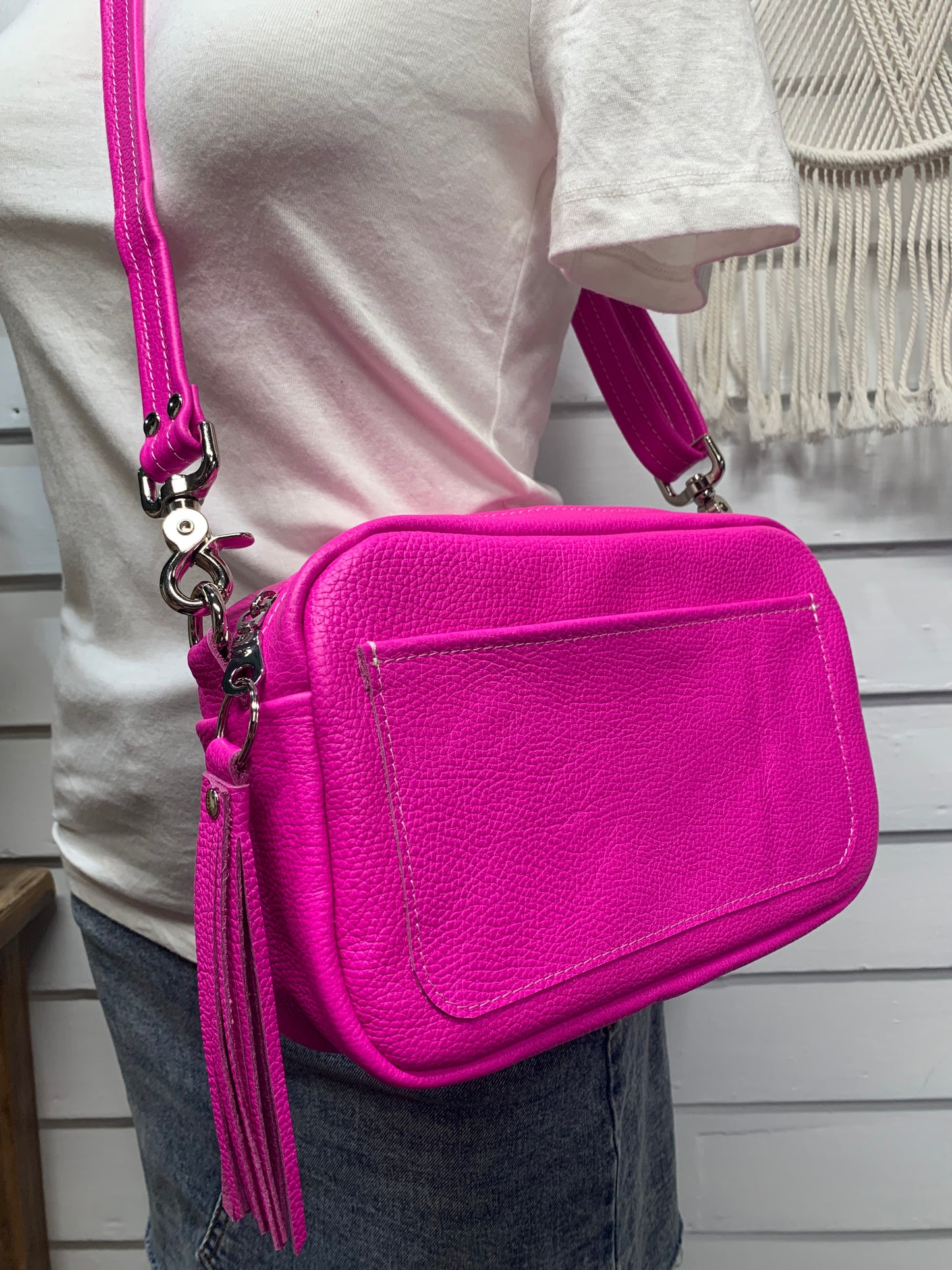 Emerald crossbody bag, Dream Pink Italian pebble grain leather
