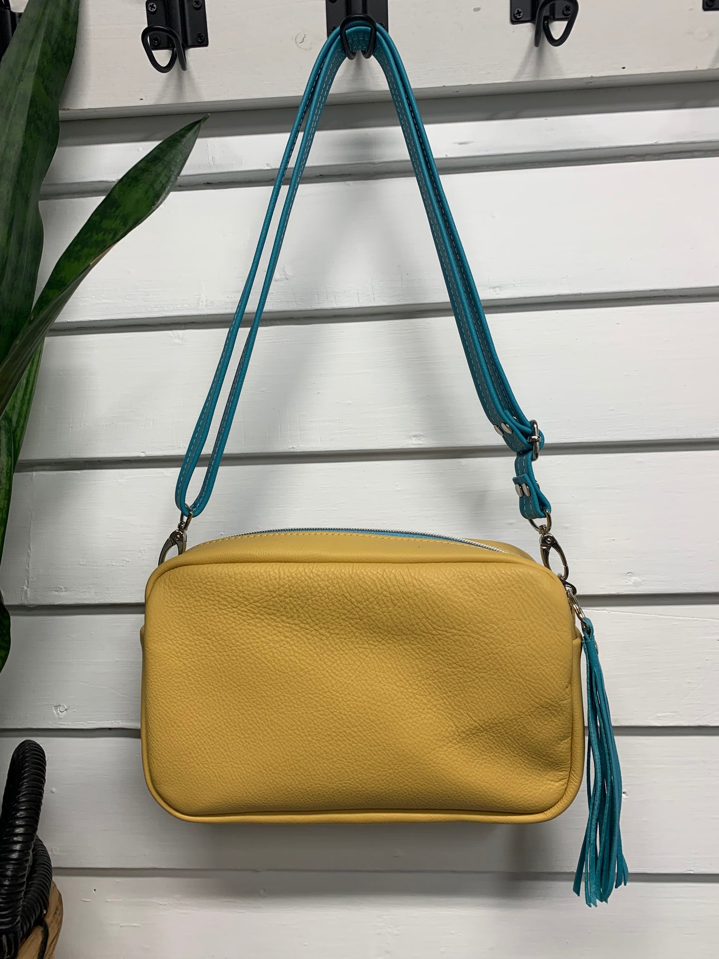 Emerald crossbody bag, San Gabriel wool, yellow turquoise leather, square bag