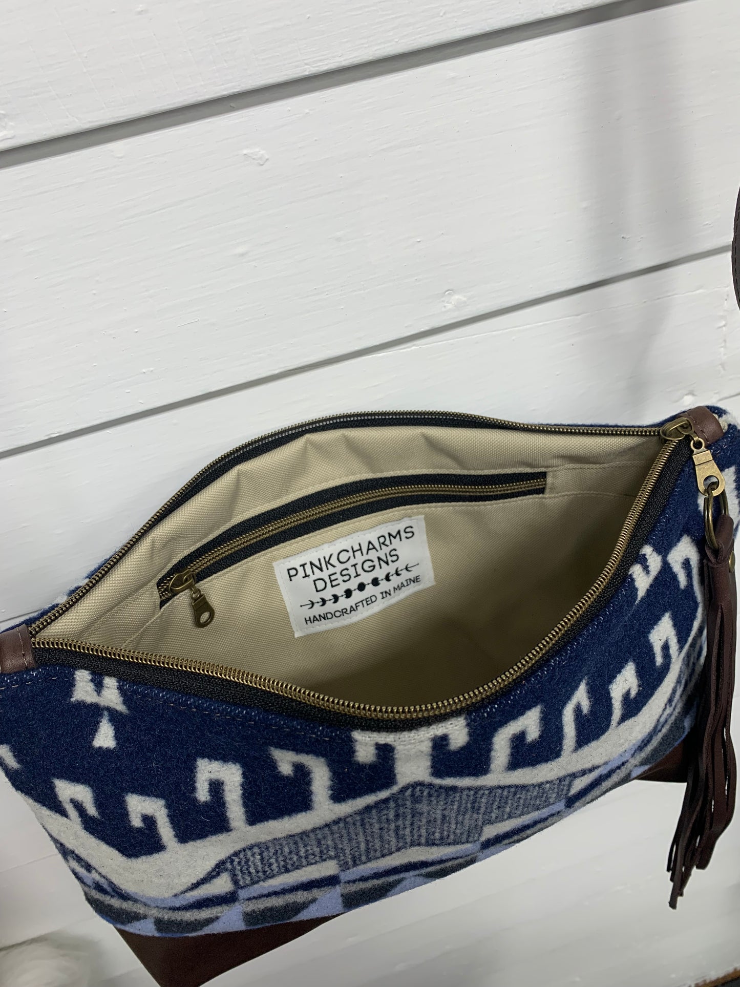 XL Ruby crossbody bag, Trailhead blue wool, waxed dark brown leather