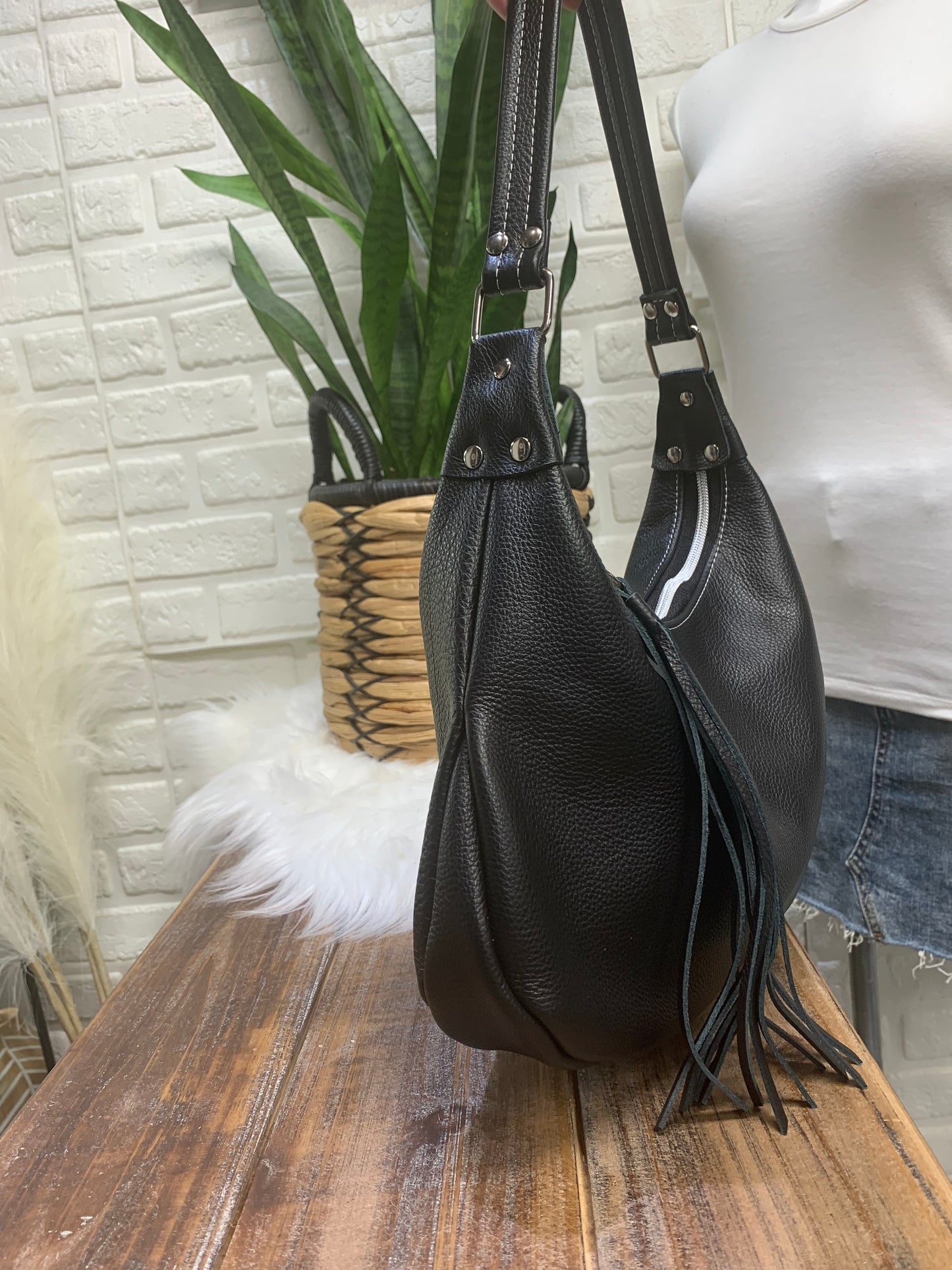 Small hobo bag Black Italian leather, shoulder strap