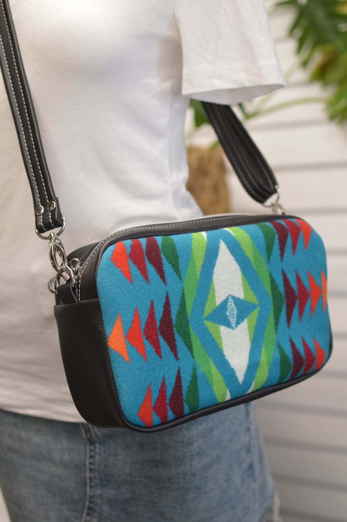 Emerald crossbody bag, Overall Turquoise wool, black leather, Square bag
