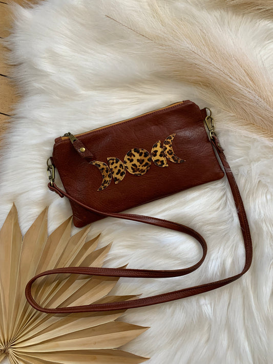 Moon phase brandy leather crossbody clutch, leopard leather