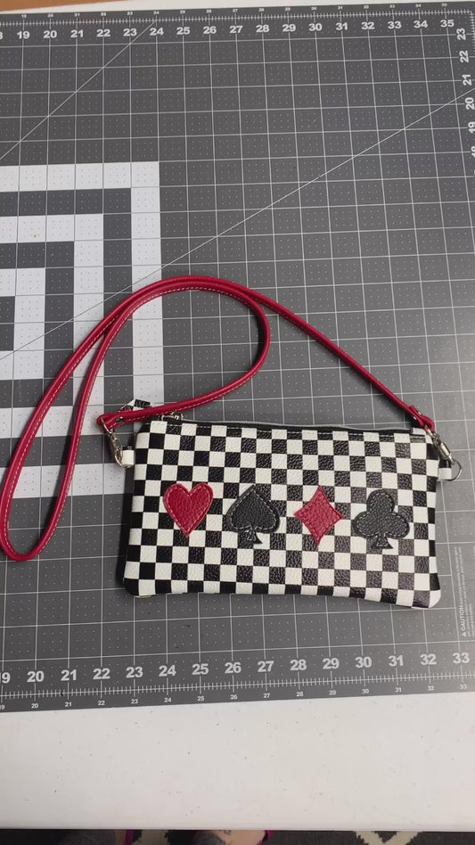 Card suits checkered leather crossbody clutch
