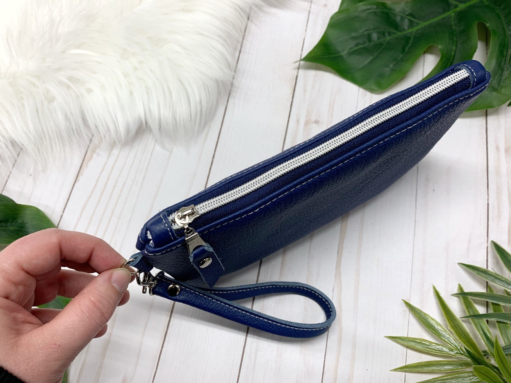 Cobalt Blue Leather wristlet wallet clutch – pinkcharmsdesigns