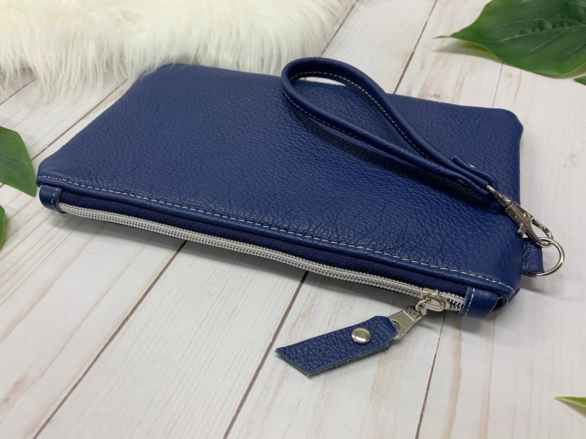 Cobalt Blue Leather wristlet wallet clutch