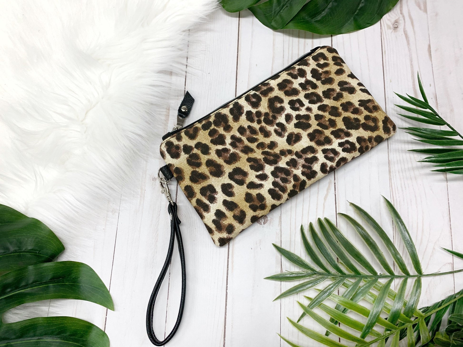 Leopard clutch leather wristlet, brown leopard wristlet, black