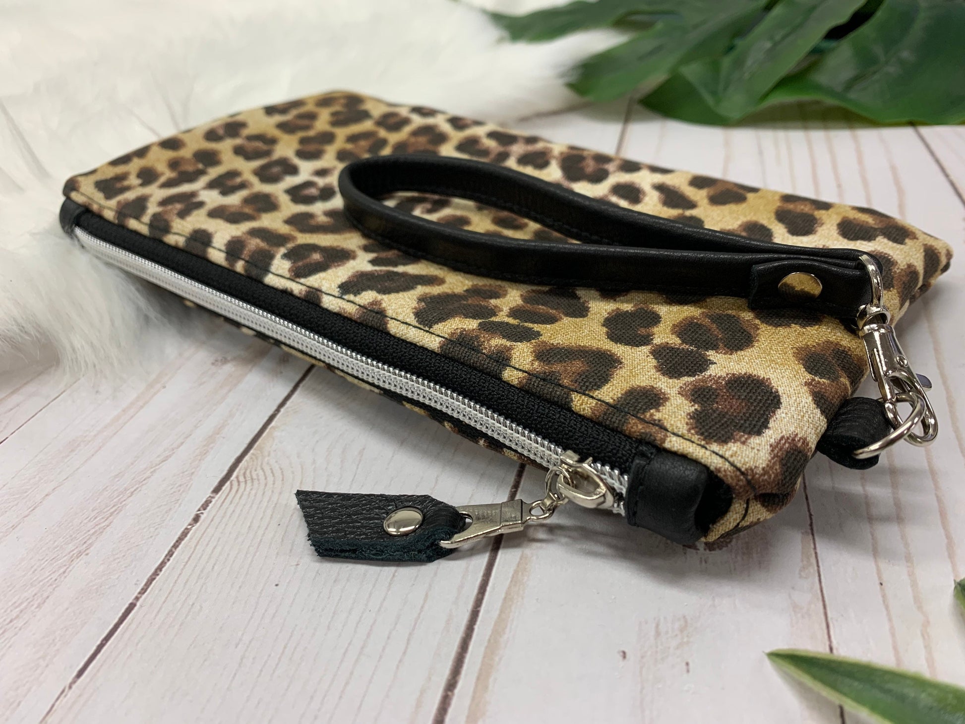 Leopard clutch leather wristlet, brown leopard wristlet, black