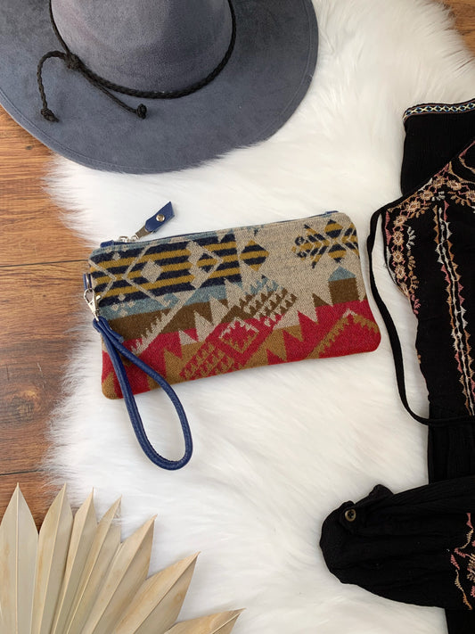 Wool and leather clutch wristlet, cobalt leather, Journey West Wool, leather clutch wallet, Maine made, wool fabric, leather bag