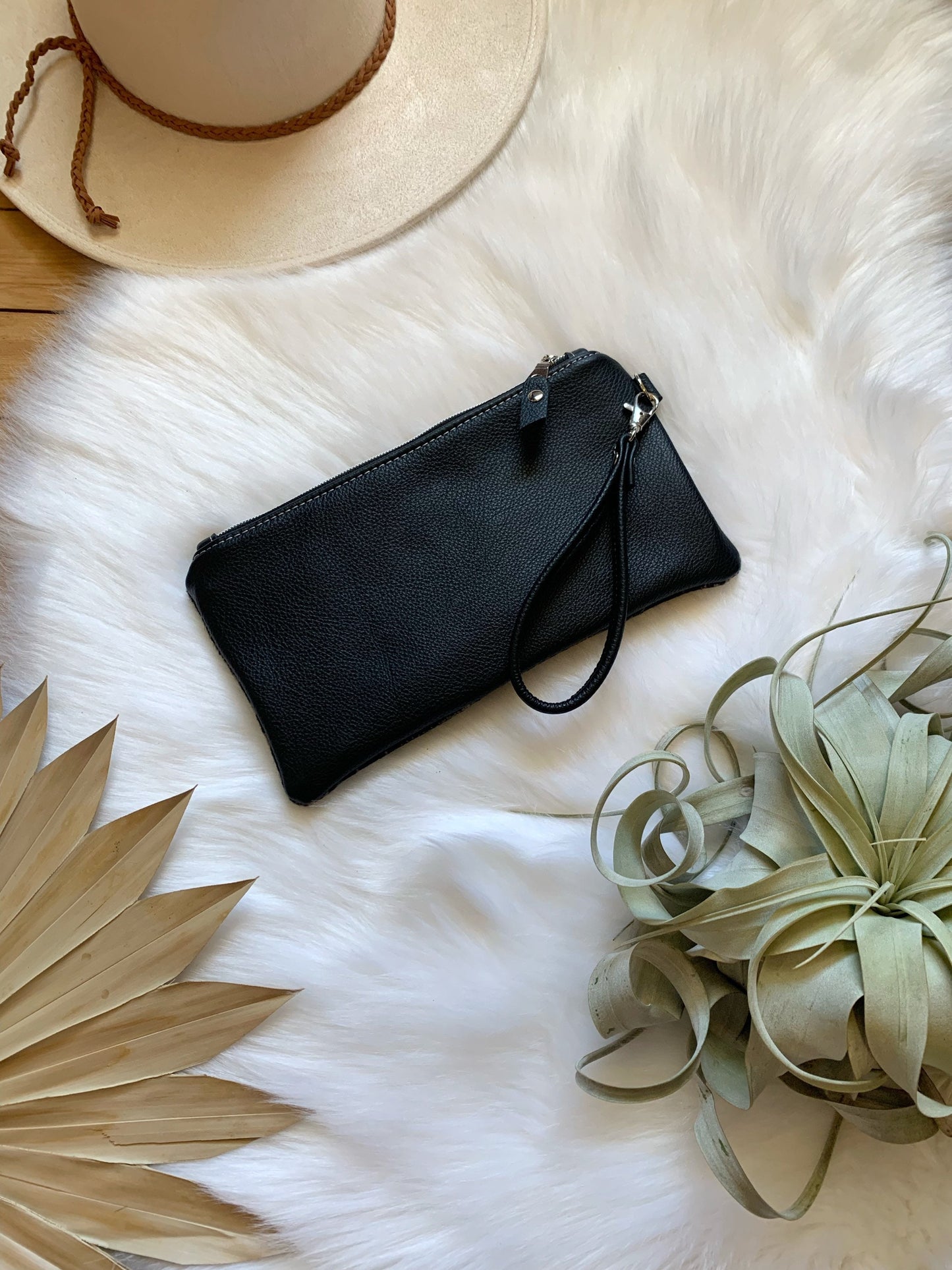 Wool clutch wristlet, Black leather, Harding tan, leather clutch wallet, Maine made, Portland wool fabric