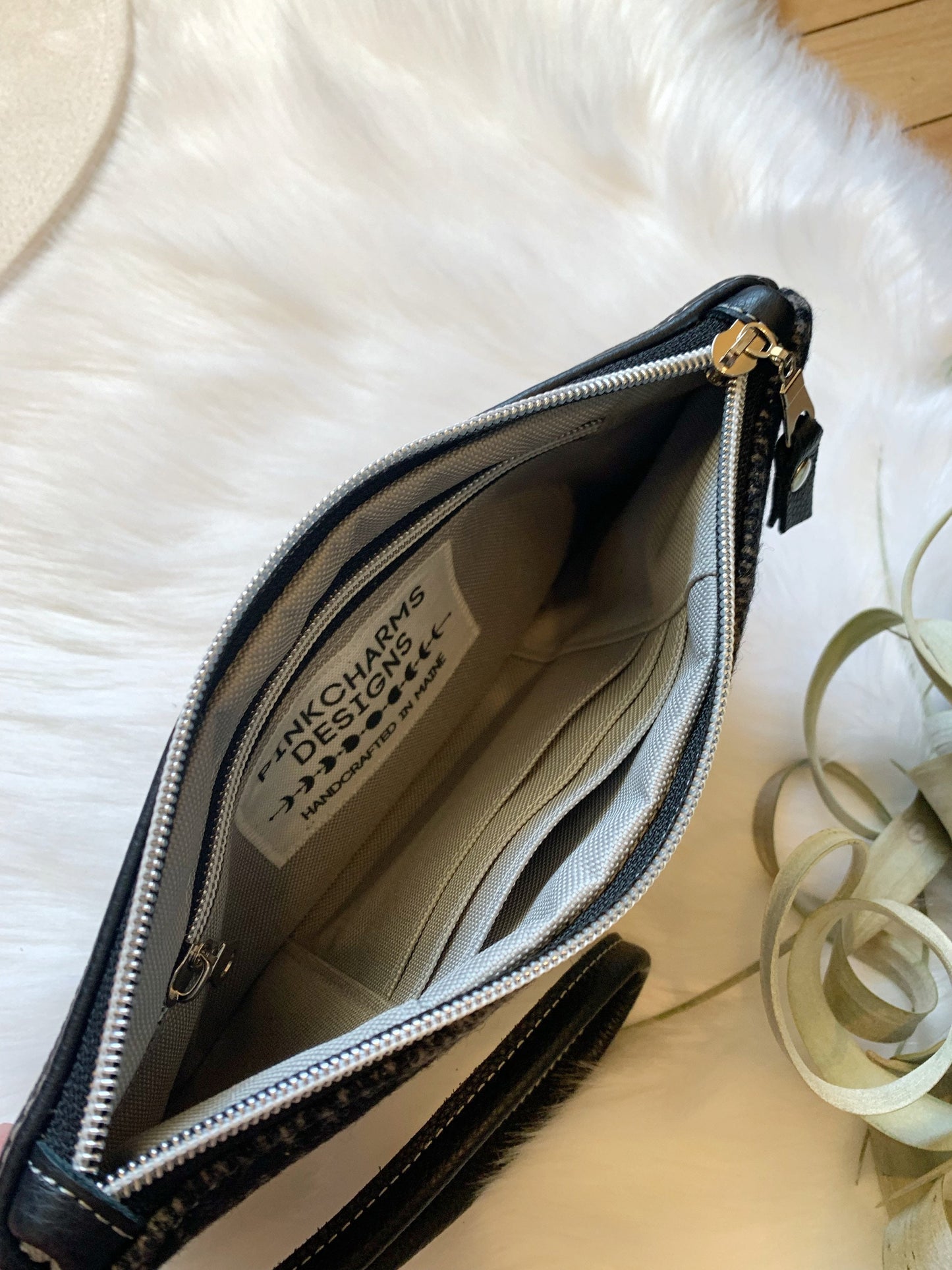 Wool clutch wristlet, Black leather, Harding tan, leather clutch wallet, Maine made, Portland wool fabric