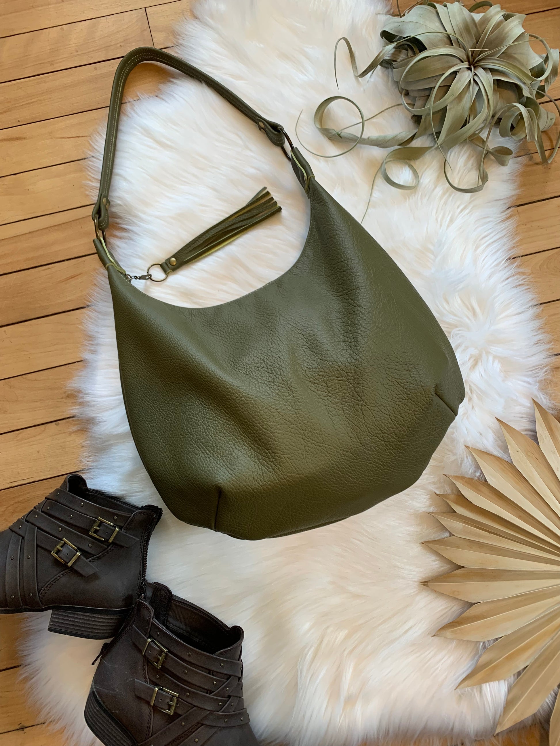 Olive green leather hobo bag, genuine leather handbag