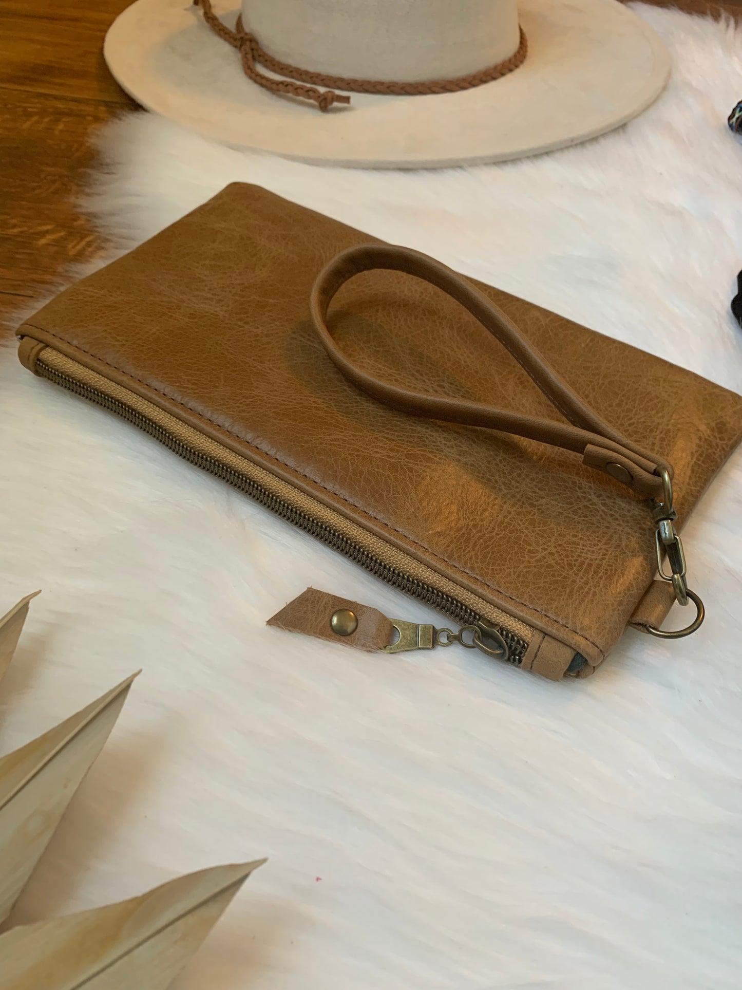 Caramel distressed leather clutch wallet