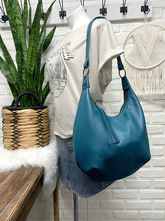 Teal leather hobo bag,  genuine leather handbag