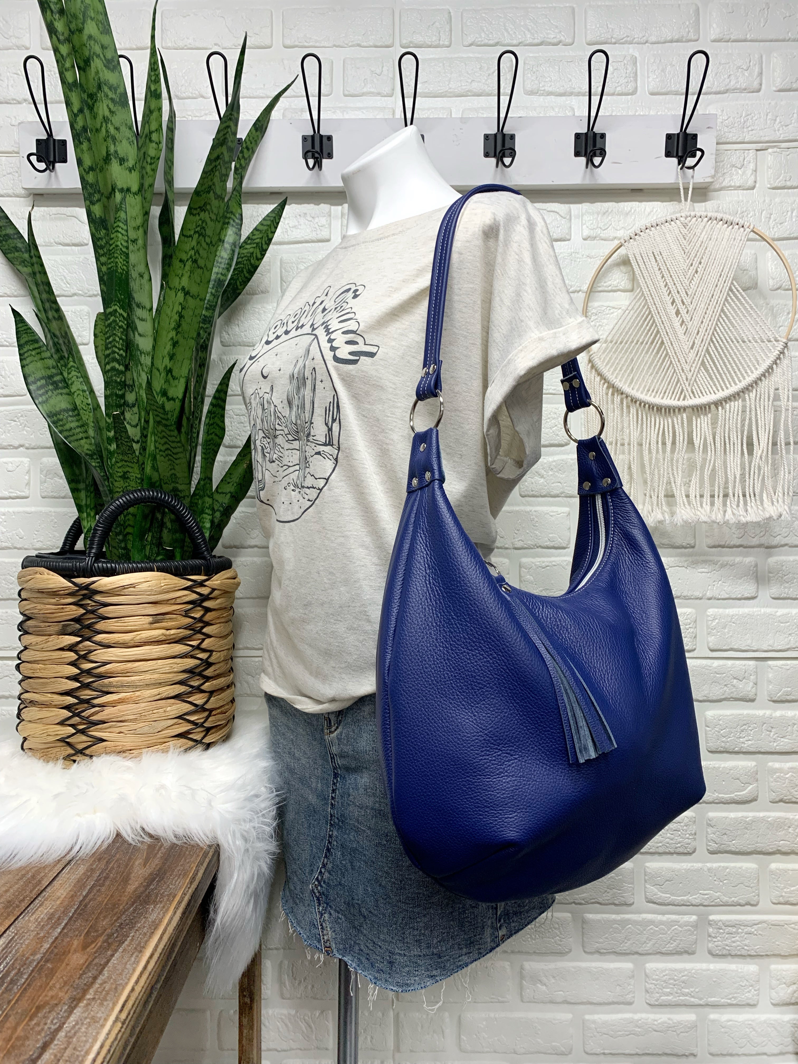Cobalt blue leather hobo bag genuine leather handbags