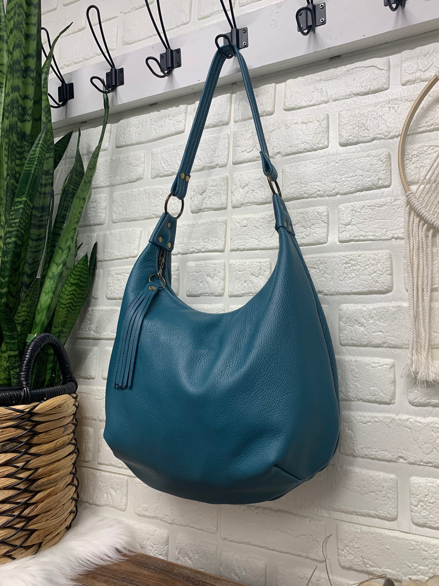 Teal leather hobo bag,  genuine leather handbag