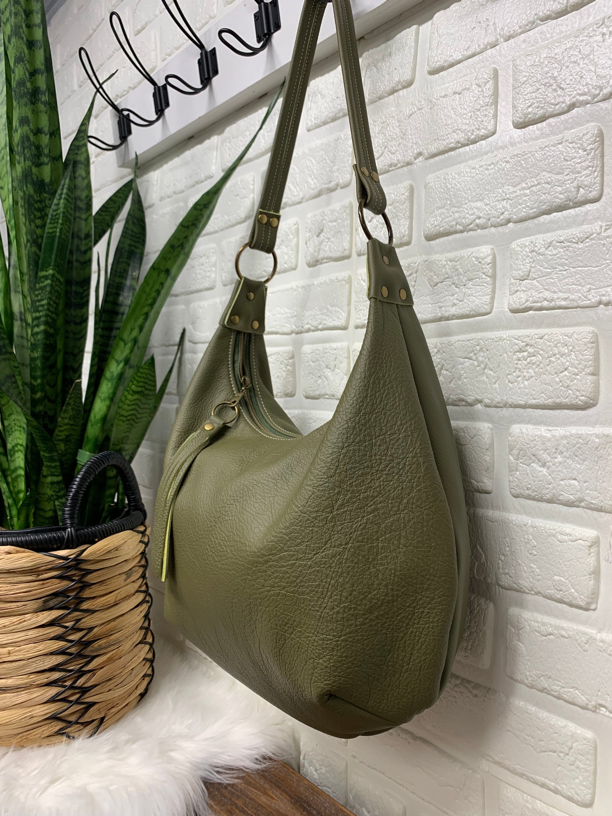 Olive green leather hobo bag, genuine leather handbag