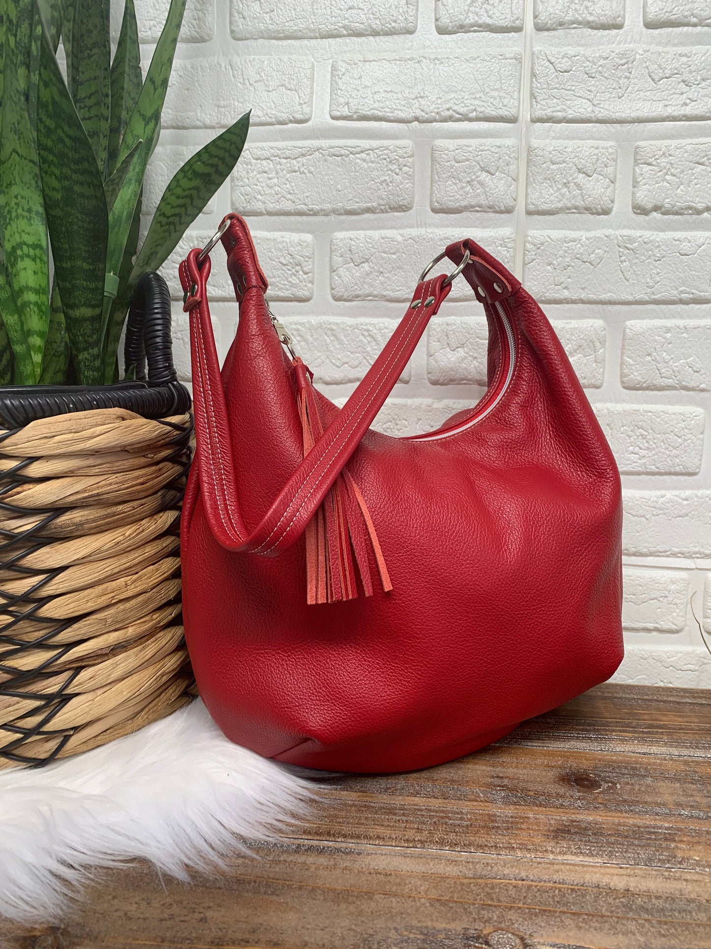 Red leather hobo bag genuine leather handbag pinkcharmsdesigns
