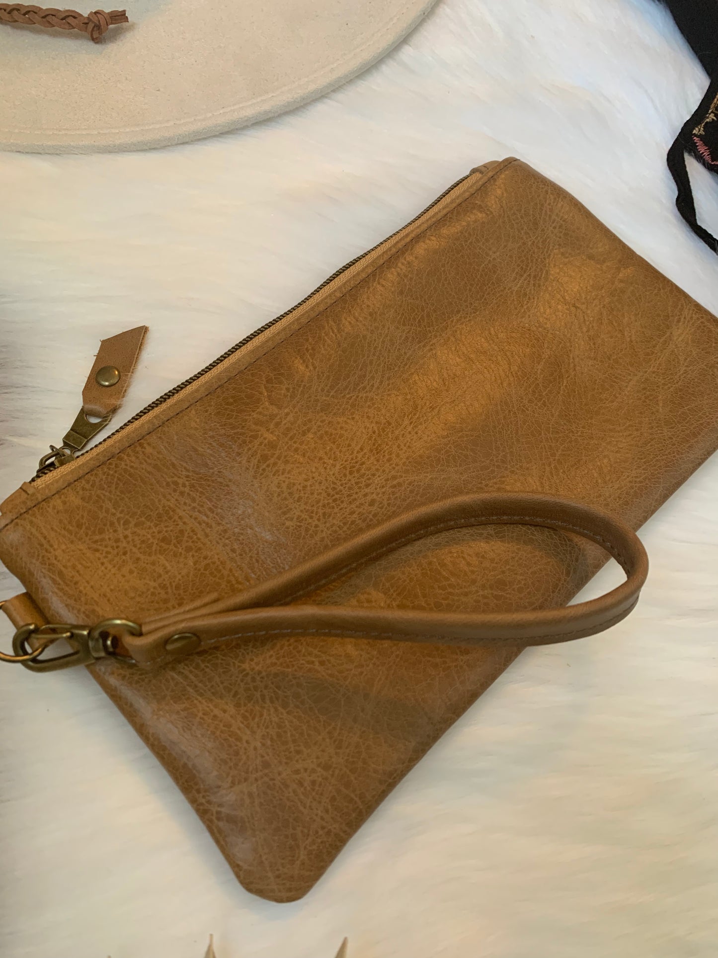 Caramel distressed leather clutch wallet