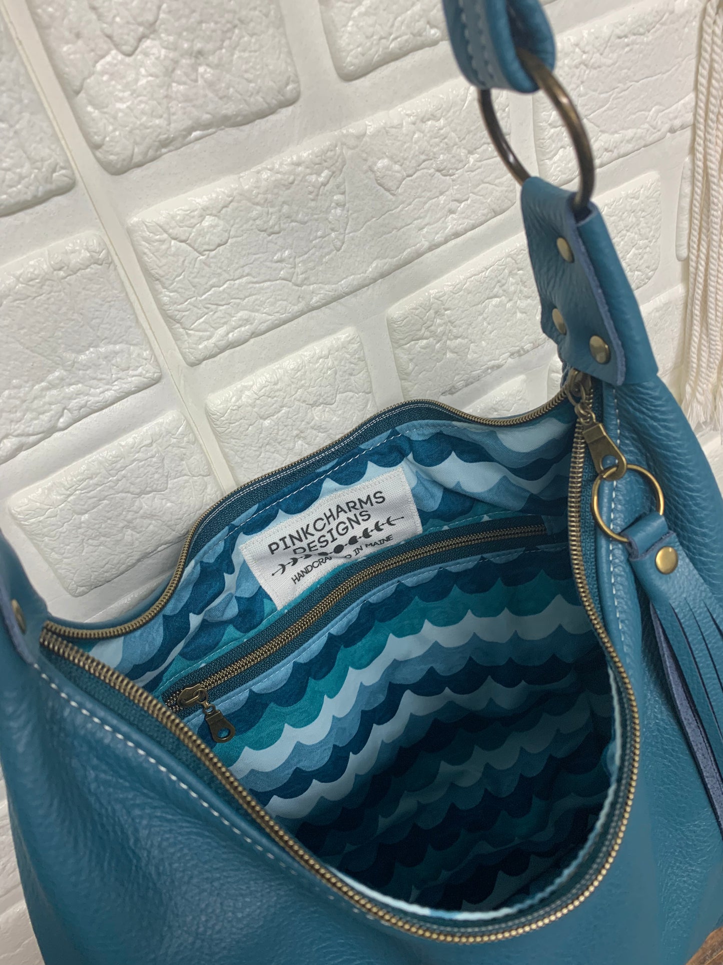 Teal leather hobo bag,  genuine leather handbag
