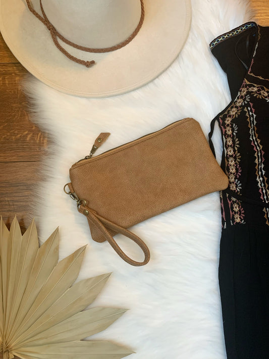 Caramel two toned leather clutch wristlet
