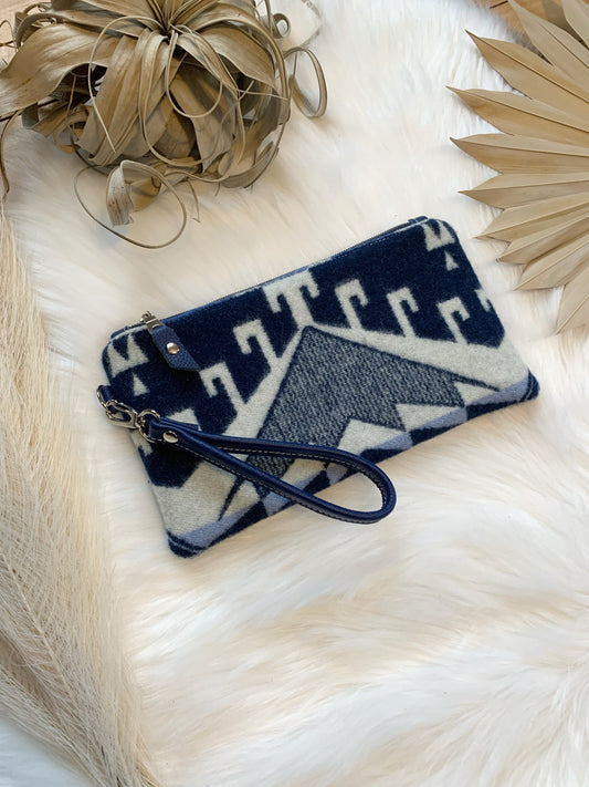 Wool clutch wristlet, Cobalt blue leather, Trailhead blue wool