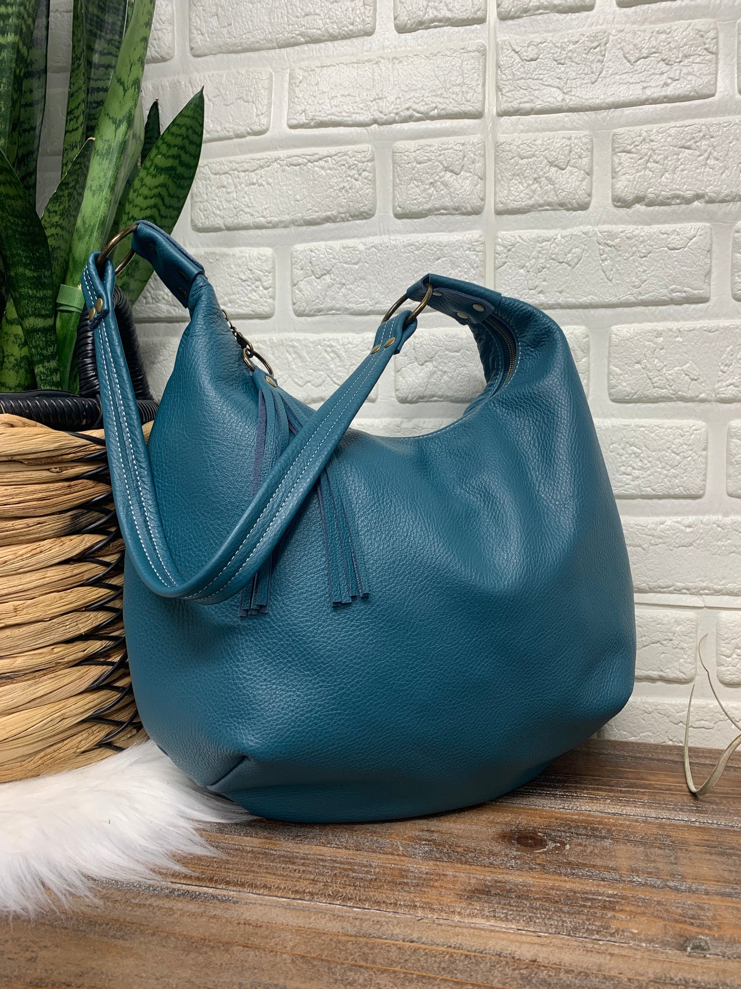 Teal leather hobo bag,  genuine leather handbag