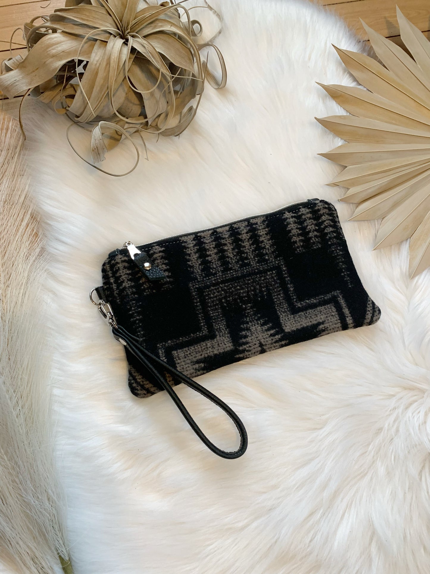 Wool clutch wristlet, Black leather, Harding tan, leather clutch wallet, Maine made, Portland wool fabric